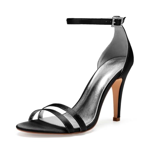 Damen Hoher Pfennigabsatz Hochzeit Pumps Knöchelriemen Partei Abschlussballkleid Schuhe Offene Zehen Satin Brautjungfer Schuhe,Schwarz,42 EU von smlekwc