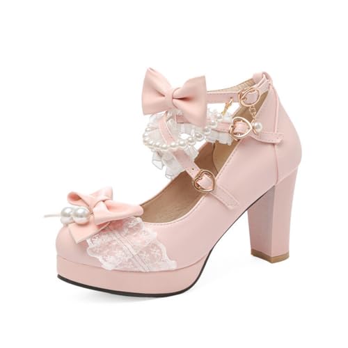 Damen Hoher Stämmiger Ferse Lolita Schuhe Knöchelriemen Plateau Kleid Pumps Mit Schnalle Geschlossene Runde Zehe PU Leder Mary Janes,Rosa,36 EU von smlekwc