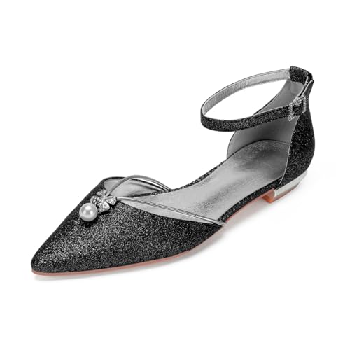 Damen Knöchelriemen Hochzeit Kleid Schuhe Mit Schnalle Spitz Zehen Brautschuhe Mit Perle Flache Absatz Abend Partei Abschlussball Sandalen,Schwarz,40 EU von smlekwc
