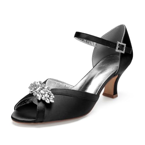 Damen Knöchelriemen Hochzeit Kleid Schuhe Peep Toe Satin Braut Sandals Mittlerer Absatz Abend Partei Abschlussball Pumps Mit Strass,Schwarz,36 EU von smlekwc