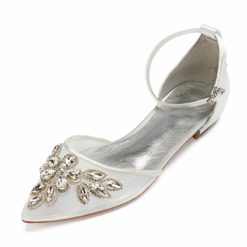 Damen Knöchelriemen Hochzeit Kleid Schuhe Spitz Zehen Mesh Braut Flats Niedriger Ferse Ballettschuhe Mit Strass,Elfenbein,36 EU Damen Knöchelriemen Hochzeit Kleid Schuhe Spitz Zehen Mesh Braut Flats Niedriger Ferse Ballettschuhe Mit Strass,Elfenbein,36 EU von smlekwc