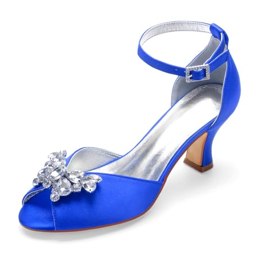 Damen Knöchelriemen Hochzeitsschuhe Für Braut Peeptoe Satin Kleid Sandalen Mittlerer Blockabsatz Abend Partei Abschlussball Schuhe Mit Strass,Blau,39 EU von smlekwc