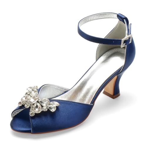 Damen Knöchelriemen Hochzeitsschuhe Für Braut Peeptoe Satin Kleid Sandalen Mittlerer Blockabsatz Abend Partei Abschlussball Schuhe Mit Strass,Marine,42 EU von smlekwc