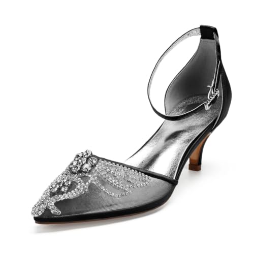 Damen Knöchelriemen Kleid Pumps Mit Perlen Spitz Zehen Hochzeitsschuhe Für Braut Mittlerer Kätzchen Absatz Abend Partei Abschlussball Schuhe,Schwarz,41 EU von smlekwc