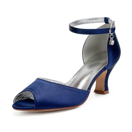Damen Knöchelriemen Kleid Pumps Mit Schnalle Mittlerer Blockabsatz Hochzeitsschuhe Für Braut Peeptoe Brautjungfer Sandalen,Marine,40 EU von smlekwc