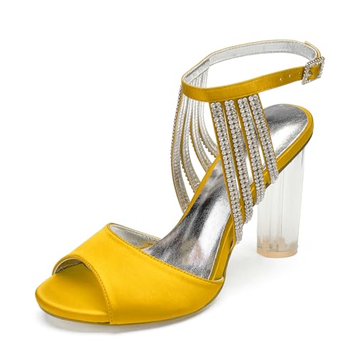 Damen Knöchelriemen Kleid Pumps Mit Schnalle Peeptoe Slingback Hochzeit Sandalen Mit Strass Hoher Stämmiger Ferse Brautjungfer Schuhe,Gelb,39 EU von smlekwc