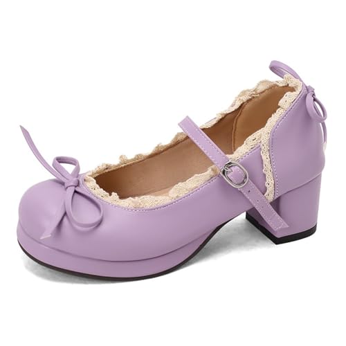 Damen Knöchelriemen Mary Jane Mit Schnalle Geschlossene Runde Zehe Lolita Schuhe Mit Schleife Blockabsatz Plateau Kleid Schuhe,Lila,42 EU von smlekwc