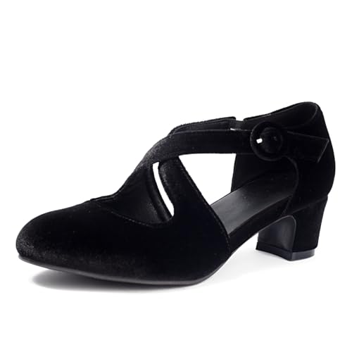 Damen Kreuz Knöchelriemen Mary Janes Mit Schnalle Geschlossen Runde Zehe Retro Kleid Schuhe Niedriger Blockabsatz Partei Abschlussball Schuhe,Schwarz,38.5 EU von smlekwc