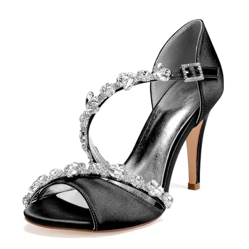 Damen Kreuz Riemen Kleid Sandalen Mit Schnalle Peep Toe Satin Brautschuhe Mit Strass Sexy Hoher Absatz Hochzeit Partei Abschlussball Schuhe,Schwarz,38 EU von smlekwc