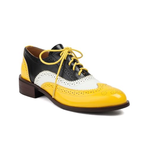 Damen Lackleder Brogue Oxford Schuhe Schnüren Vintage Brogues Niedriger Blockabsatz Freizeitschuhe,Gelb,40 EU von smlekwc