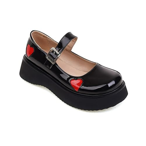 Damen Lackleder Herz - Akzent Mary Janes Knöchelriemen Partei Kleid Schuhe Runde Zehe Kawaii Plateau Pumps,Schwarz,40 EU von smlekwc