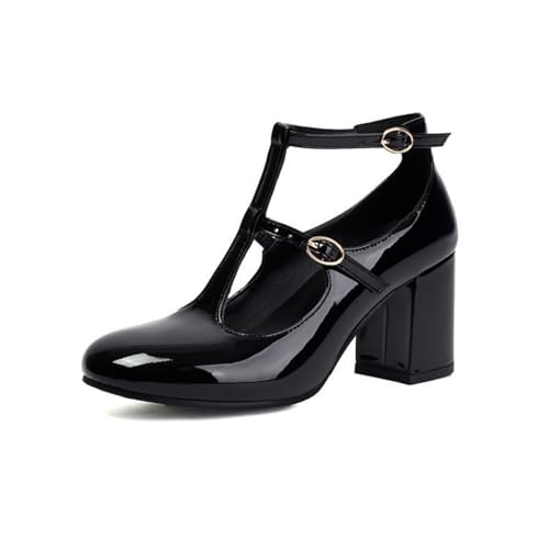 Damen Lackleder Kleid Pumps T-Riemen Mary Janes Mit Schnalle Hoher Blockabsatz Abend Partei Abschlussball Schuhe,Schwarz,37 EU von smlekwc