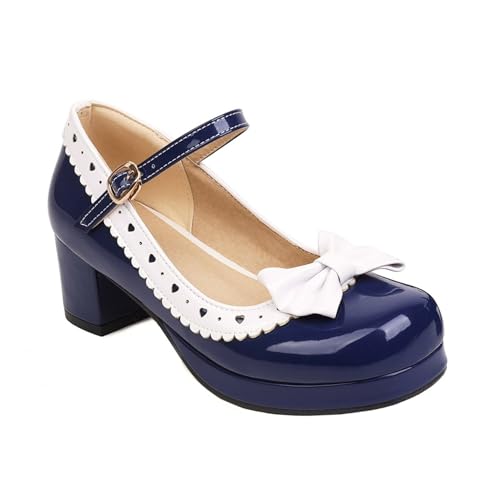 Damen Lackleder Lolita-Schuhe Mit Schleife Mittlerer Blockabsatz Mary Janes Runde Zehen Plateau Kleid Pumps Mit Schnalle,Blau,38.5 EU Damen Lackleder Lolita-Schuhe Mit Schleife Mittlerer Blockabsatz Mary Janes Runde Zehen Plateau Kleid Pumps Mit Schnalle,Blau,38.5 EU von smlekwc