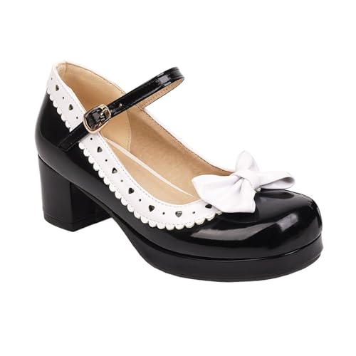 Damen Lackleder Lolita-Schuhe Mit Schleife Mittlerer Blockabsatz Mary Janes Runde Zehen Plateau Kleid Pumps Mit Schnalle,Schwarz,46 EU von smlekwc