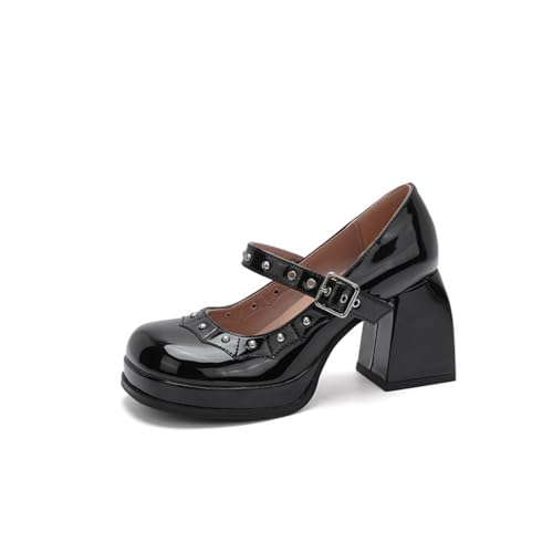 Damen Lackleder Mary Jane Pumps Mit Nietenbesetztem Knöchelriemen Gothic Schuhe Blockabsatz Plateau Kleid Schuhe,Schwarz,38 EU von smlekwc