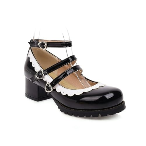 Damen Lackleder Mary Janes Knöchelriemen Kleid Pumps Mit Schnalle Blockabsatz Lolita Schuhe Für Cosplay Partei,Schwarz,41 EU von smlekwc
