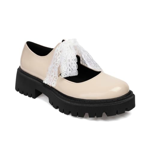 Damen Lackleder Plateau Loafer Stämmiger Ferse Schnüren Schuhe Geschlossene Runde Zehe Gothic Kleid Schuhe,Beige,38.5 EU von smlekwc