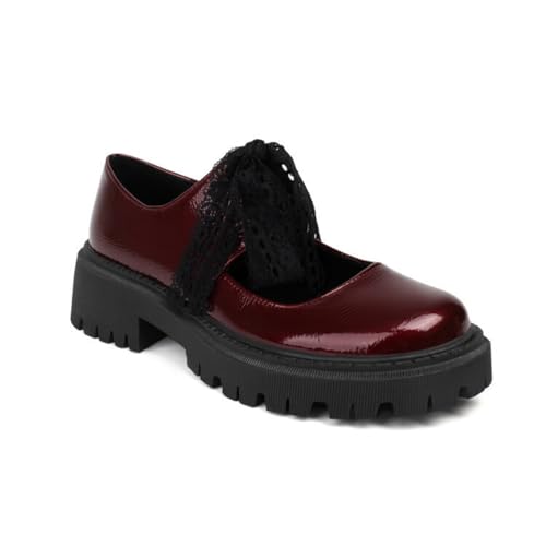 Damen Lackleder Plateau Loafer Stämmiger Ferse Schnüren Schuhe Geschlossene Runde Zehe Gothic Kleid Schuhe,Burgundy,36 EU von smlekwc