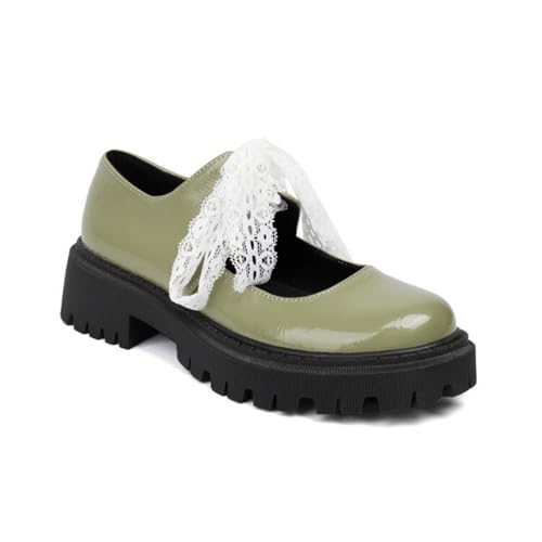 Damen Lackleder Plateau Loafer Stämmiger Ferse Schnüren Schuhe Geschlossene Runde Zehe Gothic Kleid Schuhe,Grün,38.5 EU von smlekwc