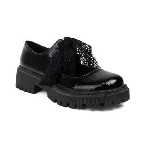 Damen Lackleder Plateau Loafer Stämmiger Ferse Schnüren Schuhe Geschlossene Runde Zehe Gothic Kleid Schuhe,Schwarz,38.5 EU von smlekwc