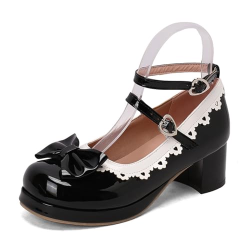 Damen Lackleder Plateau Lolita Schuhe Gekreuzten Knöchelriemen Kleid Pumps Mit Schnalle Runde Zehen Mary Janes Mit Schleife,Schwarz,39 EU von smlekwc