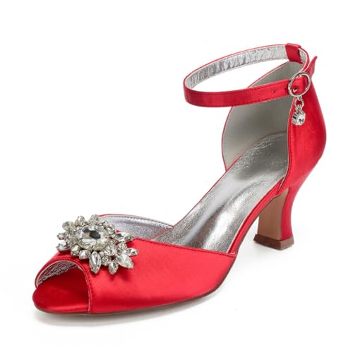 Damen Mittlerer Absatz Hochzeit Kleid Schuhe Mit Strass Peeptoe Satin Brautschuhe Knöchelriemen Abend Partei Abschlussball Sandalen Mit Schnalle,Rot,42 EU Damen Mittlerer Absatz Hochzeit Kleid Schuhe Mit Strass Peeptoe Satin Brautschuhe Knöchelriemen Abend Partei Abschlussball Sandalen Mit Schnalle,Rot,42 EU von smlekwc