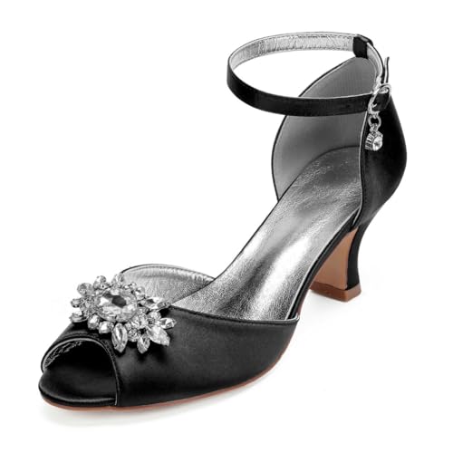 Damen Mittlerer Absatz Hochzeit Kleid Schuhe Mit Strass Peeptoe Satin Brautschuhe Knöchelriemen Abend Partei Abschlussball Sandalen Mit Schnalle,Schwarz,41 EU von smlekwc