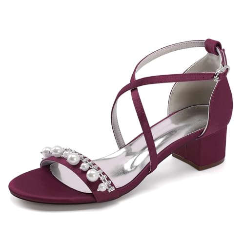 Damen Mittlerer Absatz Sandalen Mit Perle Offene Zehen Hochzeitsschuhe Für Braut Kreuz Knöchelriemen Abend Partei Abschlussball Schuhe,Burgundy,41 EU von smlekwc