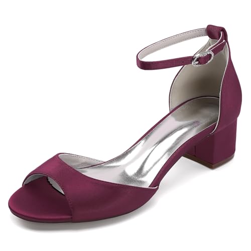 Damen Mittlerer Blockabsatz Hochzeit Kleid Schuhe Peep Toe Satin Brautschuhe Knöchelriemen Partei Abschlussball Sandalen Mit Schnalle,Burgundy,39 EU von smlekwc
