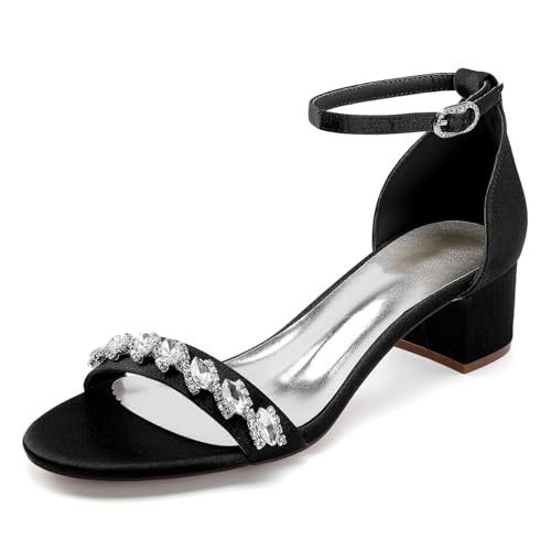 Damen Mittlerer Blockabsatz Hochzeitsschuhe Für Braut Offene Zehen Braut Sandalen Mit Strass Knöchelriemen Partei Abschlussball Kleid Schuhe,Schwarz,37 EU von smlekwc