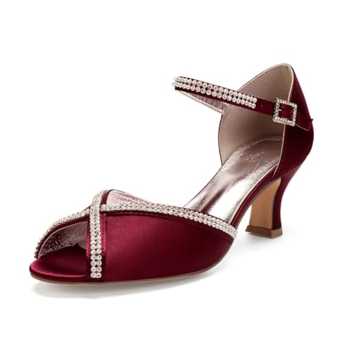 Damen Mittlerer Blockabsatz Kleid Pumps Mit Strass Peep Toe Satin Brautsandalen Knöchelriemen Hochzeit Partei Abschlussball Schuhe Mit Schnalle,Burgundy,39 EU Damen Mittlerer Blockabsatz Kleid Pumps Mit Strass Peep Toe Satin Brautsandalen Knöchelriemen Hochzeit Partei Abschlussball Schuhe Mit Schnalle,Burgundy,39 EU von smlekwc