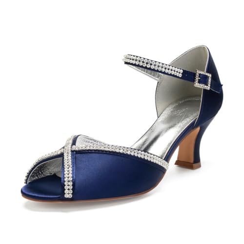 Damen Mittlerer Blockabsatz Kleid Pumps Mit Strass Peep Toe Satin Brautsandalen Knöchelriemen Hochzeit Partei Abschlussball Schuhe Mit Schnalle,Marine,41 EU Damen Mittlerer Blockabsatz Kleid Pumps Mit Strass Peep Toe Satin Brautsandalen Knöchelriemen Hochzeit Partei Abschlussball Schuhe Mit Schnalle,Marine,41 EU von smlekwc