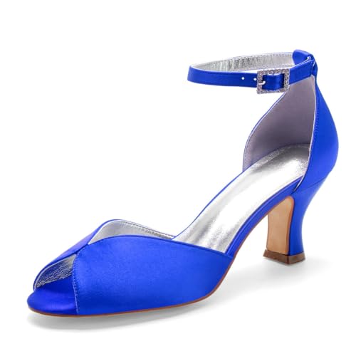 Damen Mittlerer Blockabsatz Satin Brautschuhe Peeptoe Hochzeit Kleid Sandalen Knöchelriemen Abendpartei Abschlussball Schuhe Mit Schnalle,Blau,39 EU von smlekwc