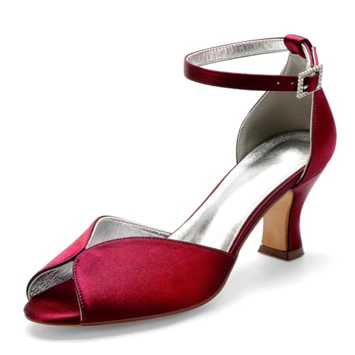 Damen Mittlerer Blockabsatz Satin Brautschuhe Peeptoe Hochzeit Kleid Sandalen Knöchelriemen Abendpartei Abschlussball Schuhe Mit Schnalle,Burgundy,42 EU Damen Mittlerer Blockabsatz Satin Brautschuhe Peeptoe Hochzeit Kleid Sandalen Knöchelriemen Abendpartei Abschlussball Schuhe Mit Schnalle,Burgundy,42 EU von smlekwc