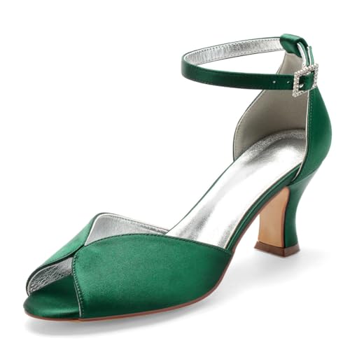 Damen Mittlerer Blockabsatz Satin Brautschuhe Peeptoe Hochzeit Kleid Sandalen Knöchelriemen Abendpartei Abschlussball Schuhe Mit Schnalle,Dark Green,37 EU Damen Mittlerer Blockabsatz Satin Brautschuhe Peeptoe Hochzeit Kleid Sandalen Knöchelriemen Abendpartei Abschlussball Schuhe Mit Schnalle,Dark Green,37 EU von smlekwc