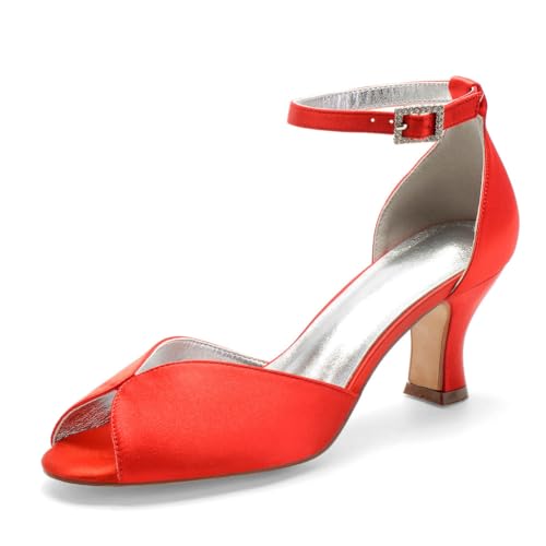 Damen Mittlerer Blockabsatz Satin Brautschuhe Peeptoe Hochzeit Kleid Sandalen Knöchelriemen Abendpartei Abschlussball Schuhe Mit Schnalle,Rot,41 EU Damen Mittlerer Blockabsatz Satin Brautschuhe Peeptoe Hochzeit Kleid Sandalen Knöchelriemen Abendpartei Abschlussball Schuhe Mit Schnalle,Rot,41 EU von smlekwc