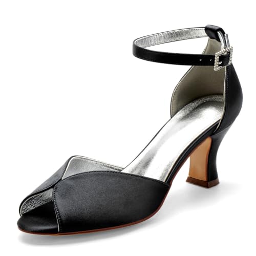 Damen Mittlerer Blockabsatz Satin Brautschuhe Peeptoe Hochzeit Kleid Sandalen Knöchelriemen Abendpartei Abschlussball Schuhe Mit Schnalle,Schwarz,40 EU von smlekwc