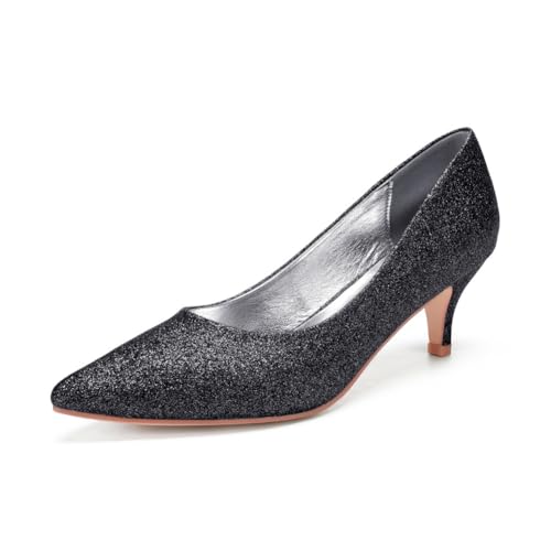 Damen Mittlerer Kätzchen Ferse Court Schuhe Spitz Zehe Glitzer Hochzeitsschuhe Für Braut Slip Auf Abendpartei Abschlussball Kleid Pumps,Schwarz,38 EU von smlekwc