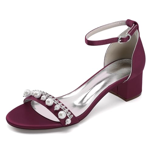 Damen Mittlerer Stämmiger Absatz Hochzeit Kleid Schuhe Offene Zehen Satin Brautschuhe Mit Perlen Knöchelriemen Partei Abschlussball Sandalen Mit Schnalle,Burgundy,37 EU von smlekwc