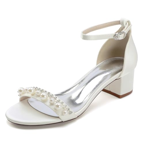 Damen Mittlerer Stämmiger Absatz Hochzeit Kleid Schuhe Offene Zehen Satin Brautschuhe Mit Perlen Knöchelriemen Partei Abschlussball Sandalen Mit Schnalle,Elfenbein,35 EU von smlekwc