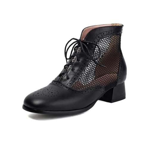 Damen Mittlerer Stämmiger Ferse Stiefeletten Runde Zehe PU-Leder Netz Retro Abend Schuhe Schnüren Kurze Stiefel,Schwarz,38 EU von smlekwc