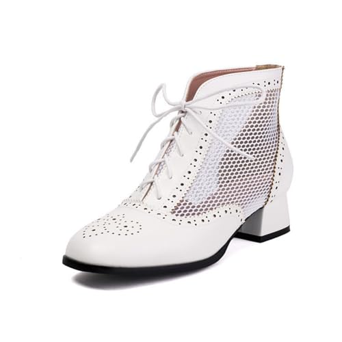 Damen Mittlerer Stämmiger Ferse Stiefeletten Runde Zehe PU-Leder Netz Retro Abend Schuhe Schnüren Kurze Stiefel,Weiß,41 EU von smlekwc