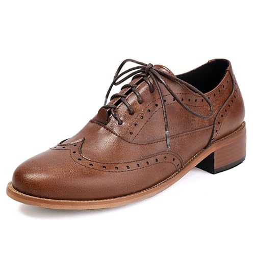 Damen Niedrige Blockabsatz Vintage Oxfords Runde Zehe PU Leder Brogue Kleid Schuhe Schnürung Formelle Schuhe,Braun,41 EU von smlekwc