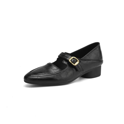 Damen Niedrige Stämmiger Absatz Slipper Spitz Zehen PU Leder Vintage Kleid Schuhe Komfort Slip-Auf Mary Janes Mit Schnalle,Schwarz,35.5 EU von smlekwc