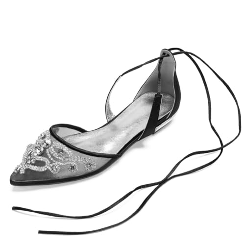 Damen Niedrigem Absatz Ballerinas Mit Strass Schnüren Kleid Sandalen Spitze Zehen Gittergewebe Hochzeitsschuhe Für Die Braut,Schwarz,42 EU Damen Niedrigem Absatz Ballerinas Mit Strass Schnüren Kleid Sandalen Spitze Zehen Gittergewebe Hochzeitsschuhe Für Die Braut,Schwarz,42 EU von smlekwc