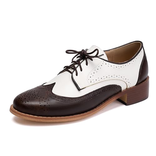 Damen Niedrigem Blockabsatz Vintage Kleid Schuhe Runde Zehe PU Leder Brogue Oxfords Schnüren Formelle Schuhe,Braun,46 EU von smlekwc