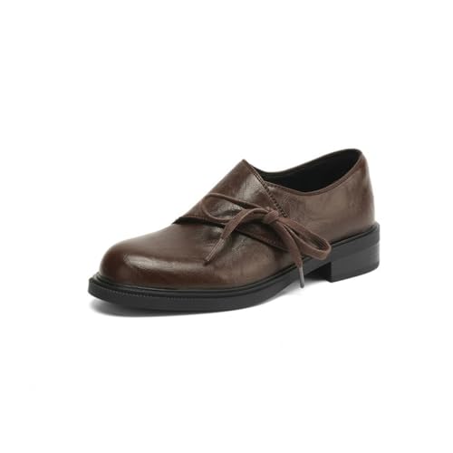 Damen Niedriger Blockabsatz Kleid Schuhe Mit Schleife Geschlossen Rund Zehen PU Leder Loafer Slip-Auf Schulschuhe,Braun,41.5 EU von smlekwc