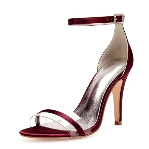 Damen Offene Zehe Satin Brautschuhe Hoher Pfennigabsatz Kleid Pumps Knöchelriemen Hochzeit Partei Abschlussball Sandalen Mit Schnalle,Burgundy,36 EU Damen Offene Zehe Satin Brautschuhe Hoher Pfennigabsatz Kleid Pumps Knöchelriemen Hochzeit Partei Abschlussball Sandalen Mit Schnalle,Burgundy,36 EU von smlekwc