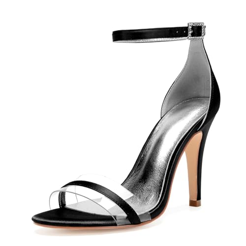 Damen Offene Zehe Satin Brautschuhe Hoher Pfennigabsatz Kleid Pumps Knöchelriemen Hochzeit Partei Abschlussball Sandalen Mit Schnalle,Schwarz,42 EU von smlekwc