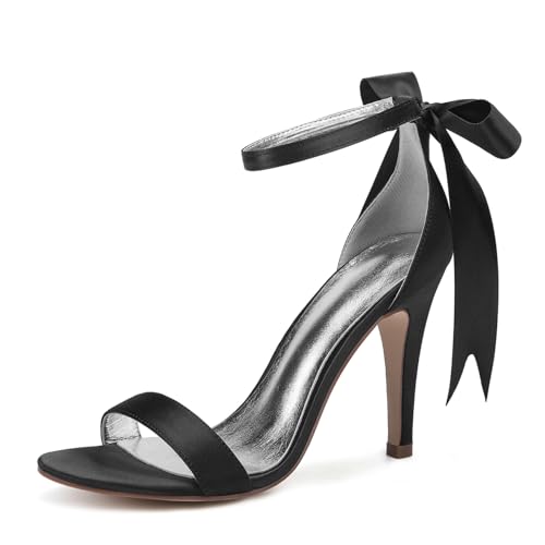 Damen Offene Zehe Satin Brautschuhe Hoher Pfennigabsatz Kleid Pumps Schnürung Hochzeit Partei Abschlussball Schuhe Mit Schleife,Schwarz,39 EU von smlekwc